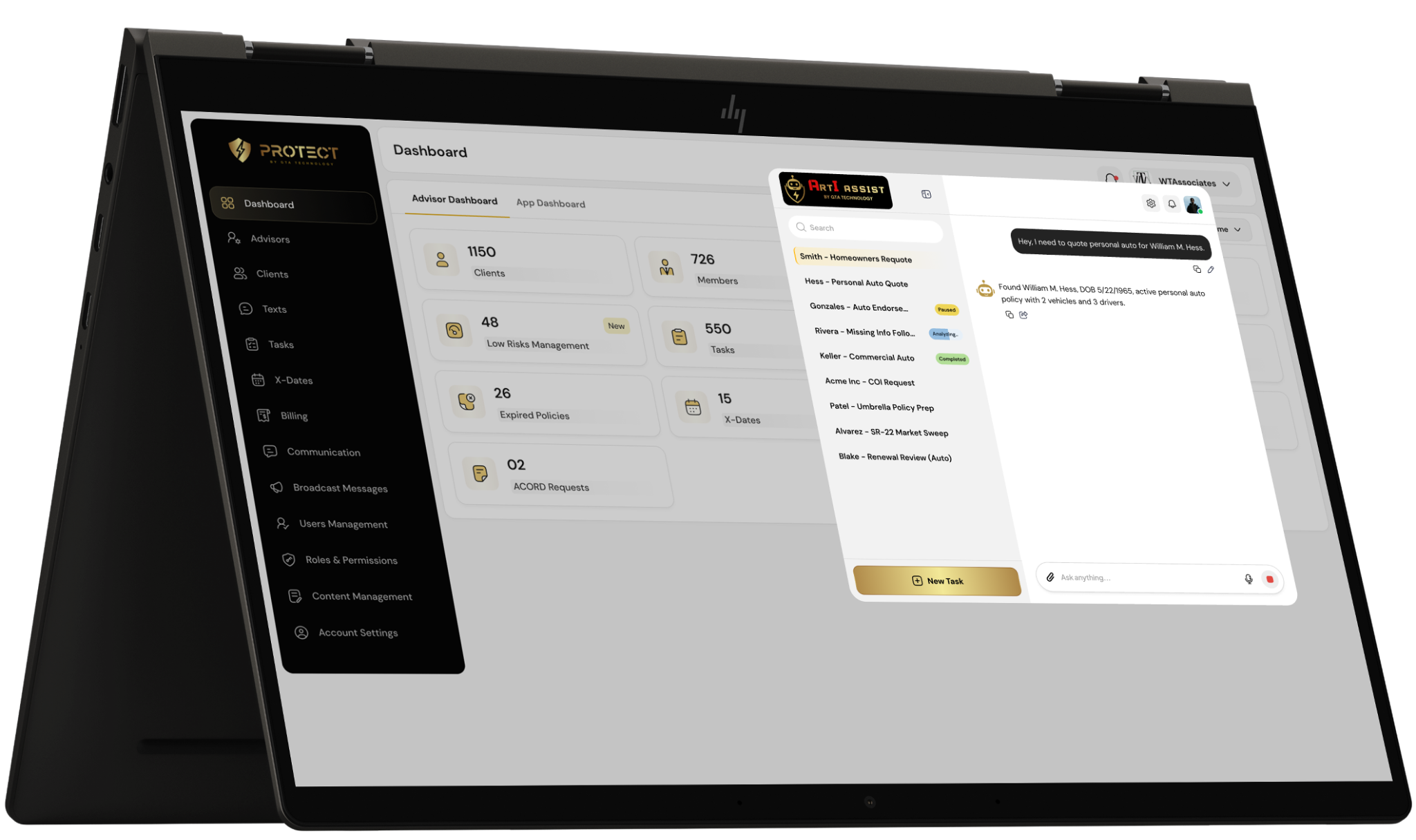 Arti Assist interface running alongside the Protect insurance platform on a laptop