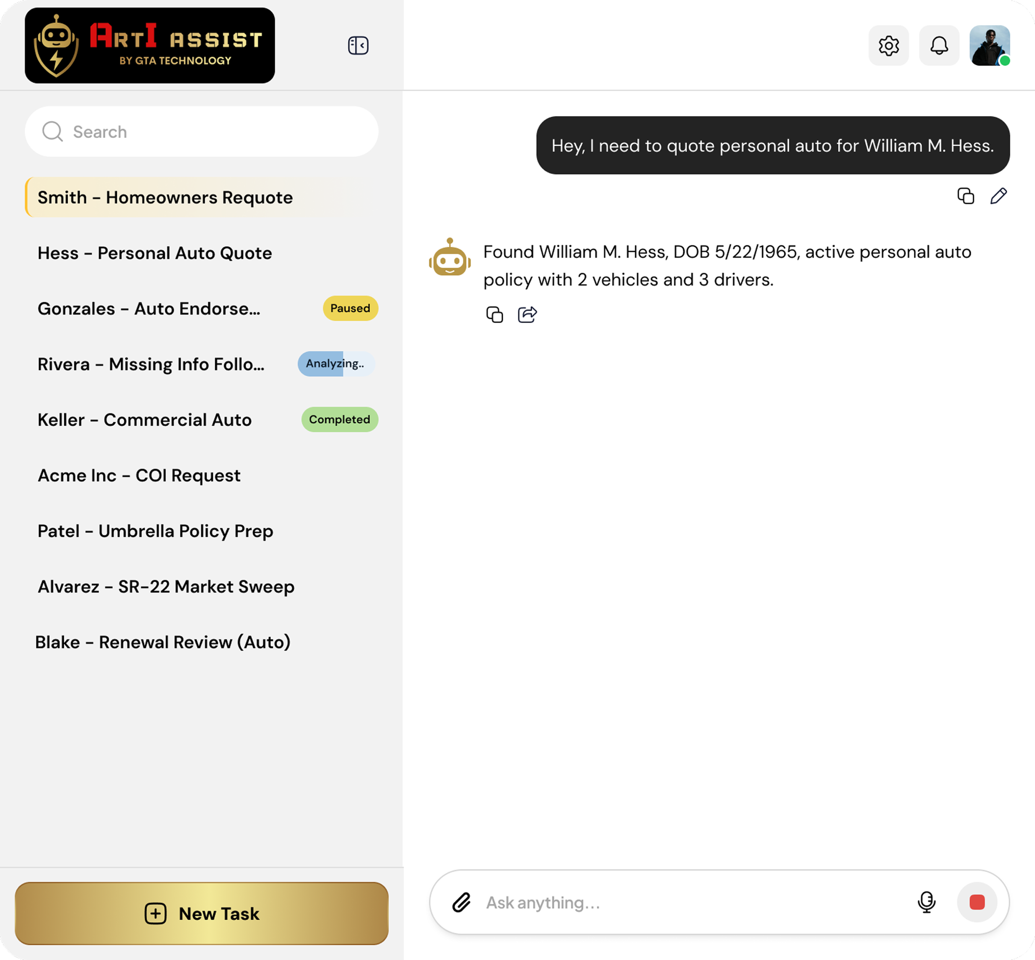 Arti Assist workspace showing task threads and advisor execution controls