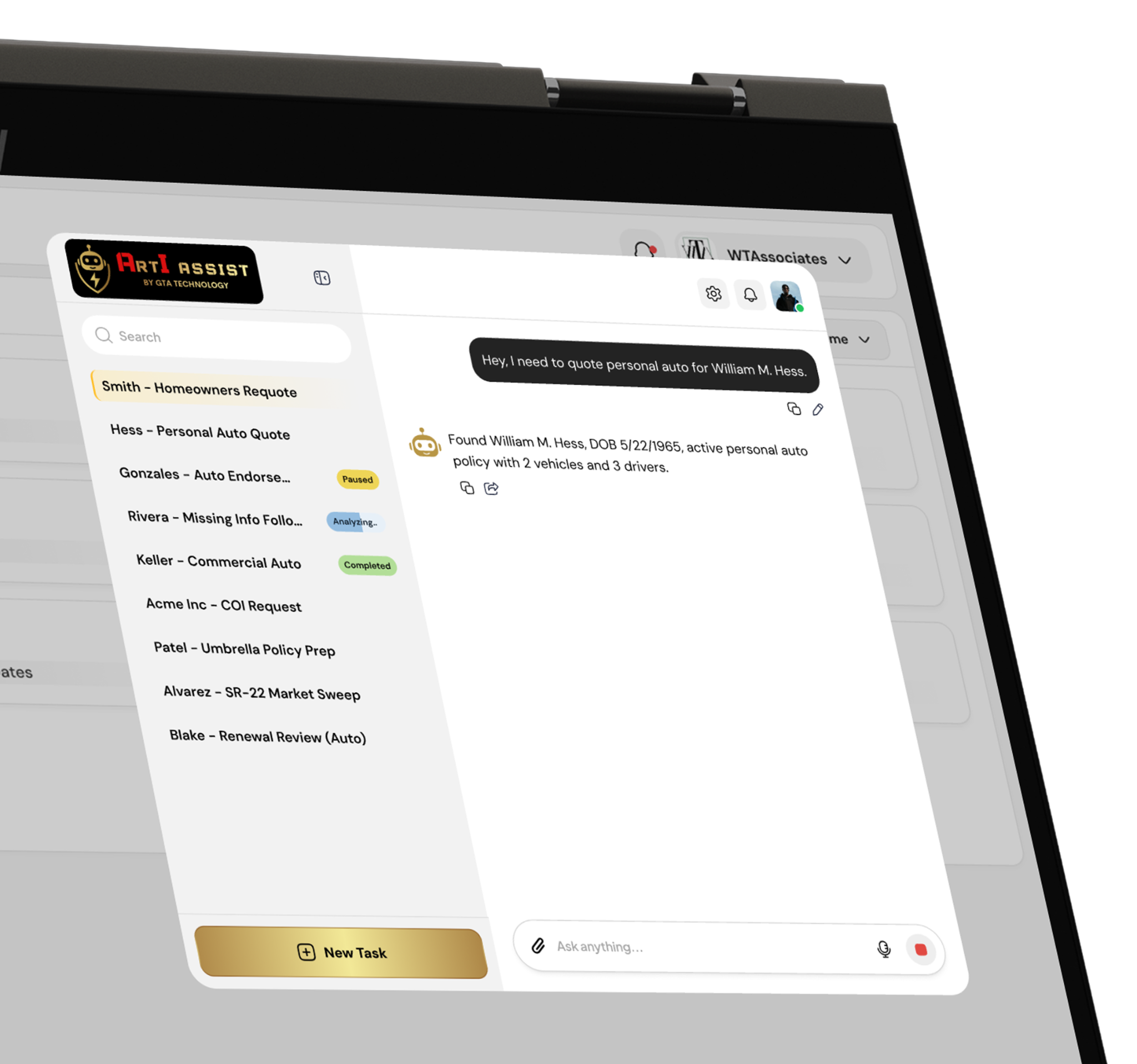 Arti Assist interface displayed on an insurance operations laptop